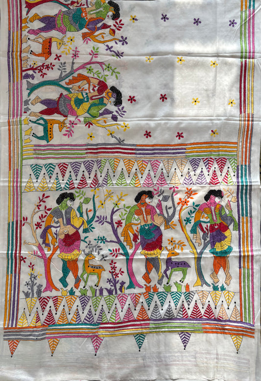 Kantha Hand Embroidered Blended Banglore Silk/Art Silk Saree With Blouse