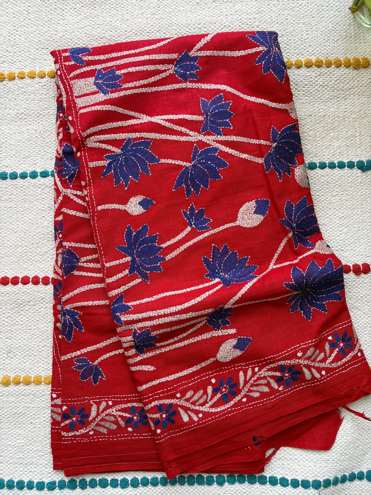Kantha Stitch Hand-Embroidered Saree | Khadi Cotton | Red