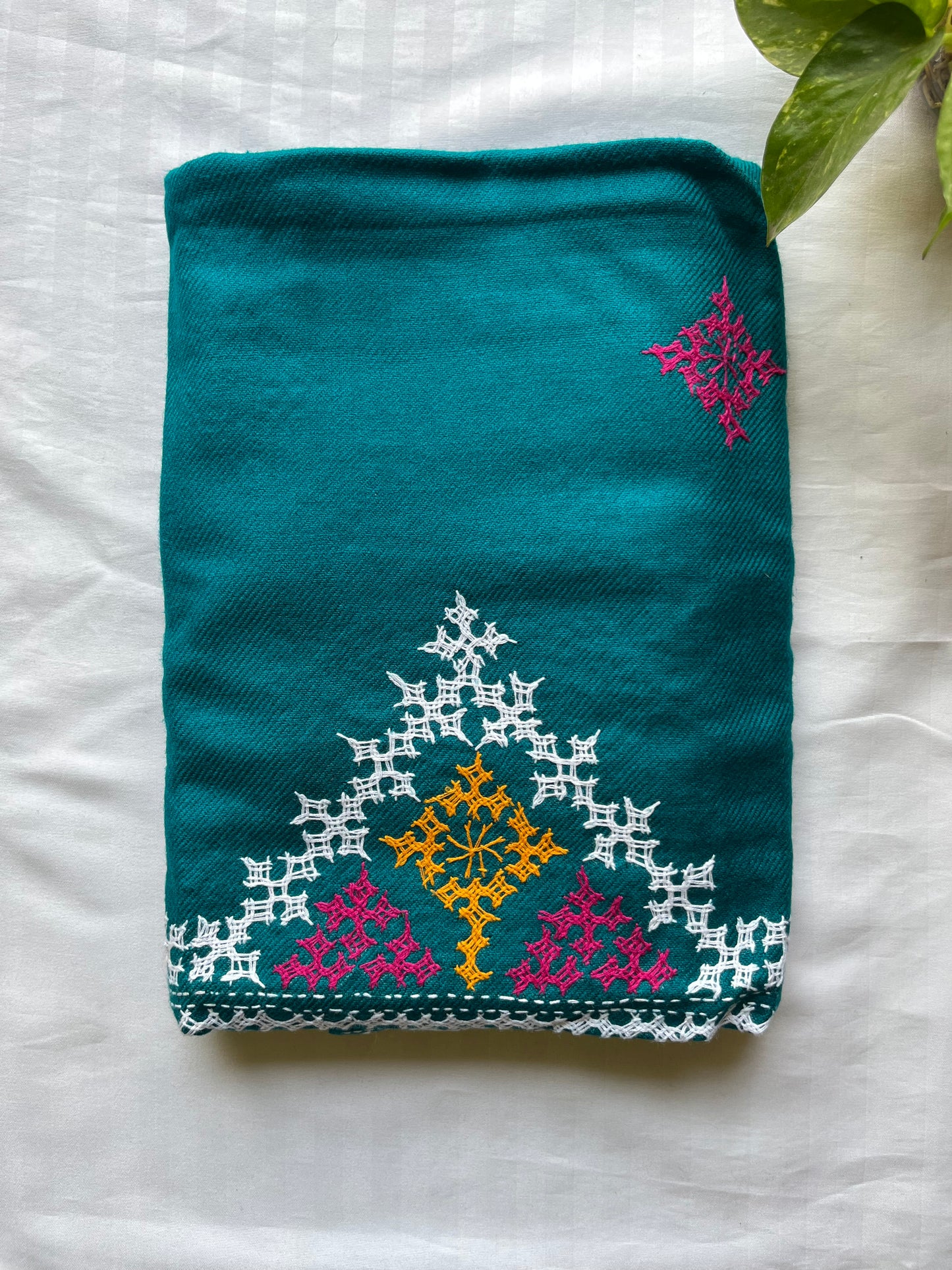 Gujrati Stitch Hand Embroidered Woollen Warm Shawl (Rama Green)