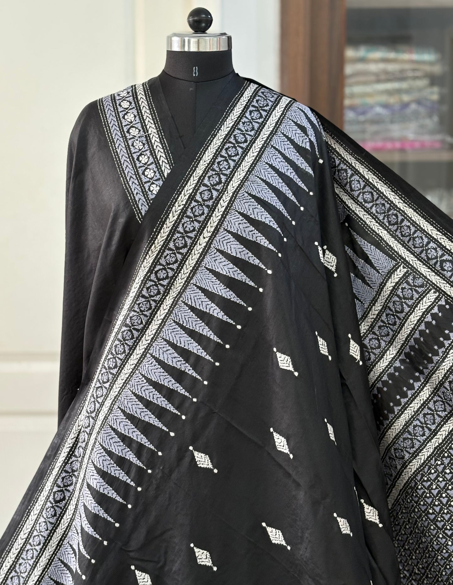 Black Kantha Stitch Hand Embroidered Pure Banglore Silk Saree (Silk Marked)
