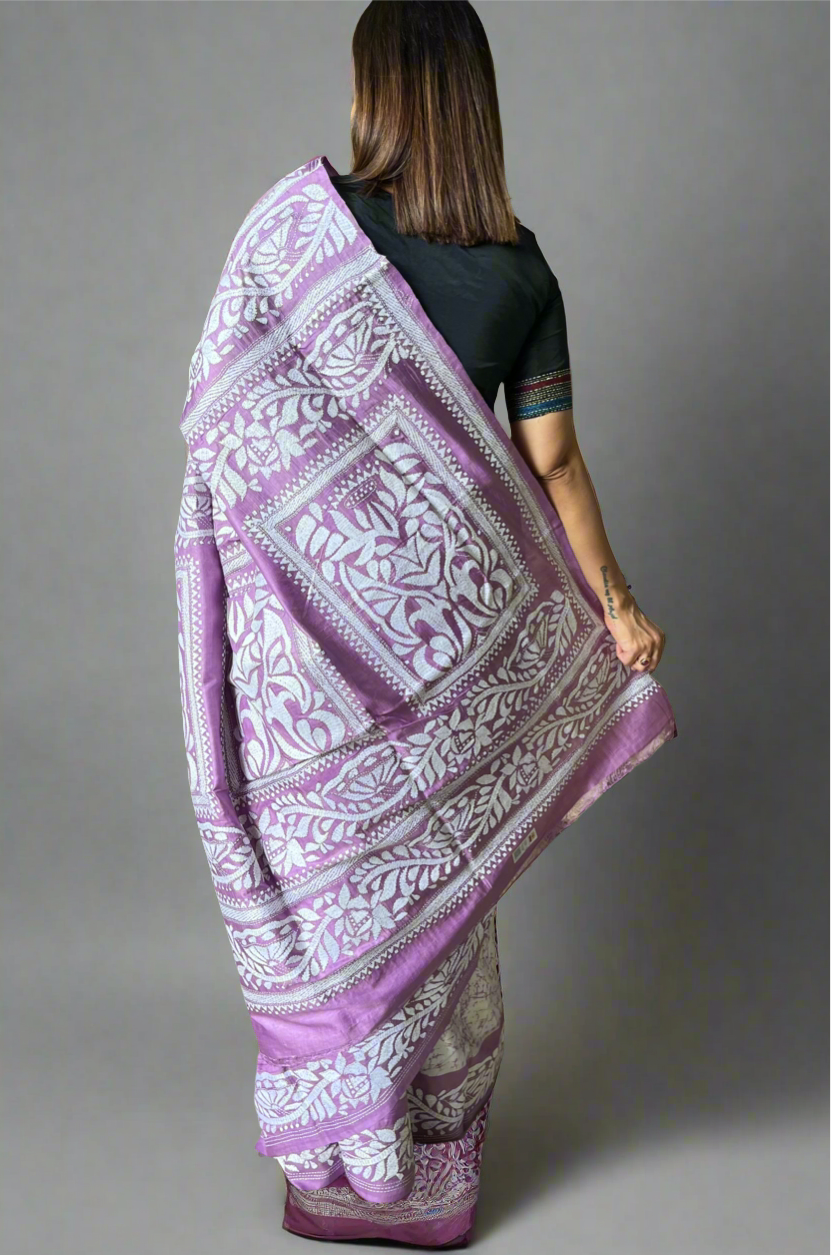 Kantha Stitch Hand Embroidered Pure Banglore Silk Batik Saree (Silk Marked)