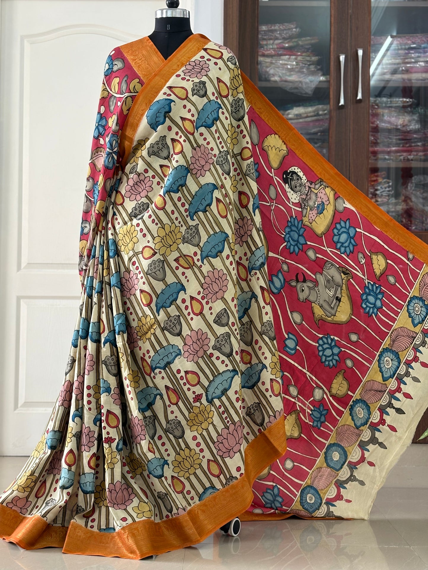 Pen Kalamkari hand painted Banglore Silk Saree with blouse