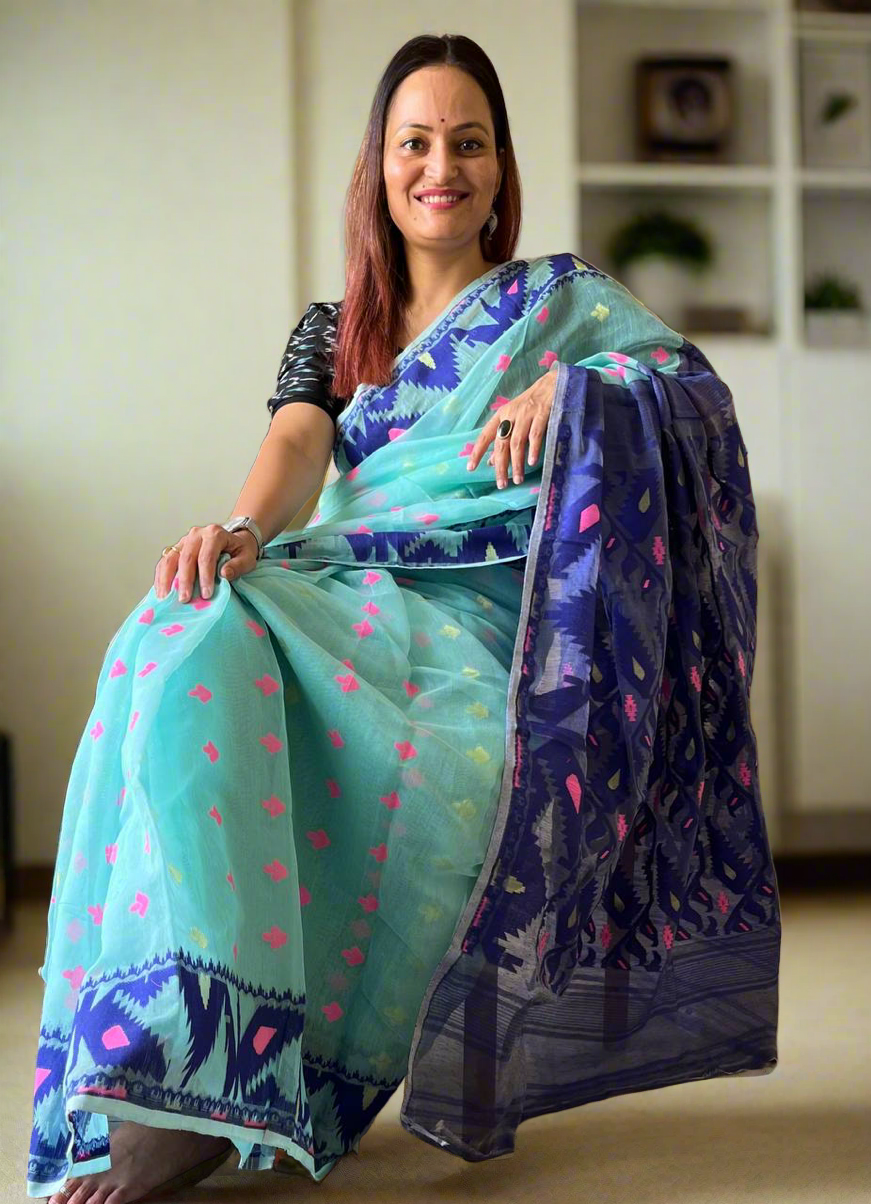 Firozi & Purple Soft Dhakai/Jamdani Saree