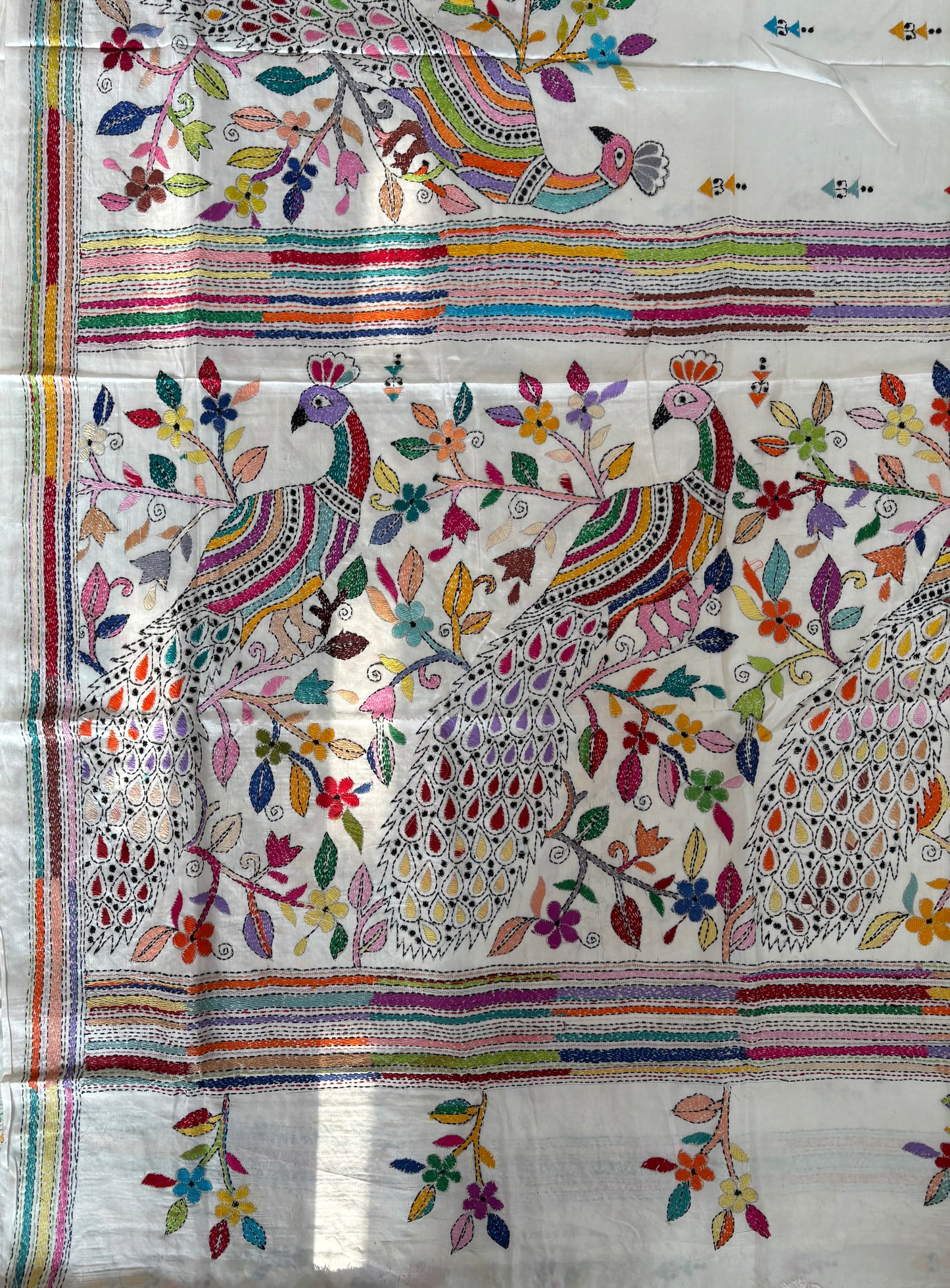 Kantha Hand Embroidered Blended Banglore Silk/Art Silk Saree With Blouse