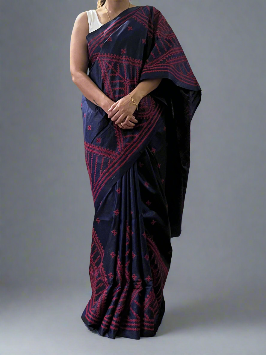 Kutch Hand Embroidered Pure Banglore Silk Saree – Navy Blue (Silk Marked)