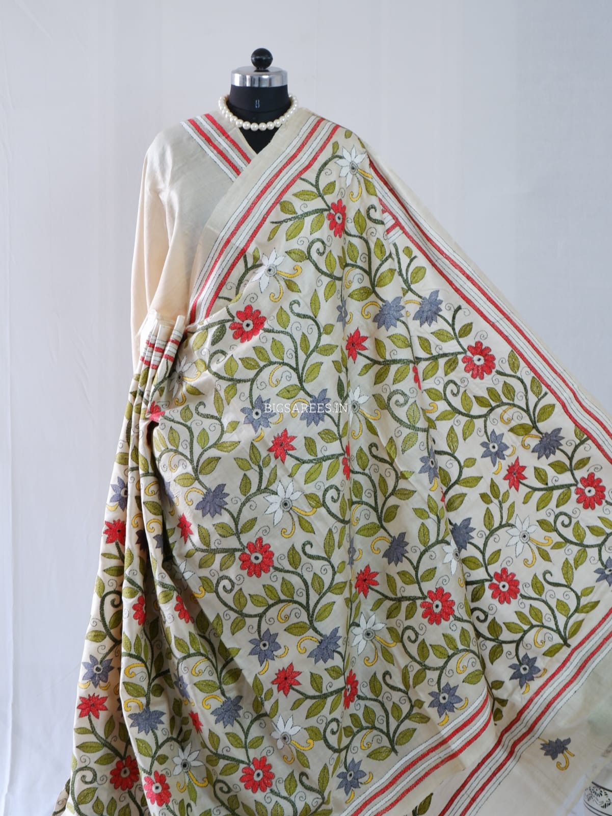 Kantha - Stitch Hand Embroidered Saree | Pure Gachi by Gachi Tussar Silk | Silk Mark Certified | Light Beige