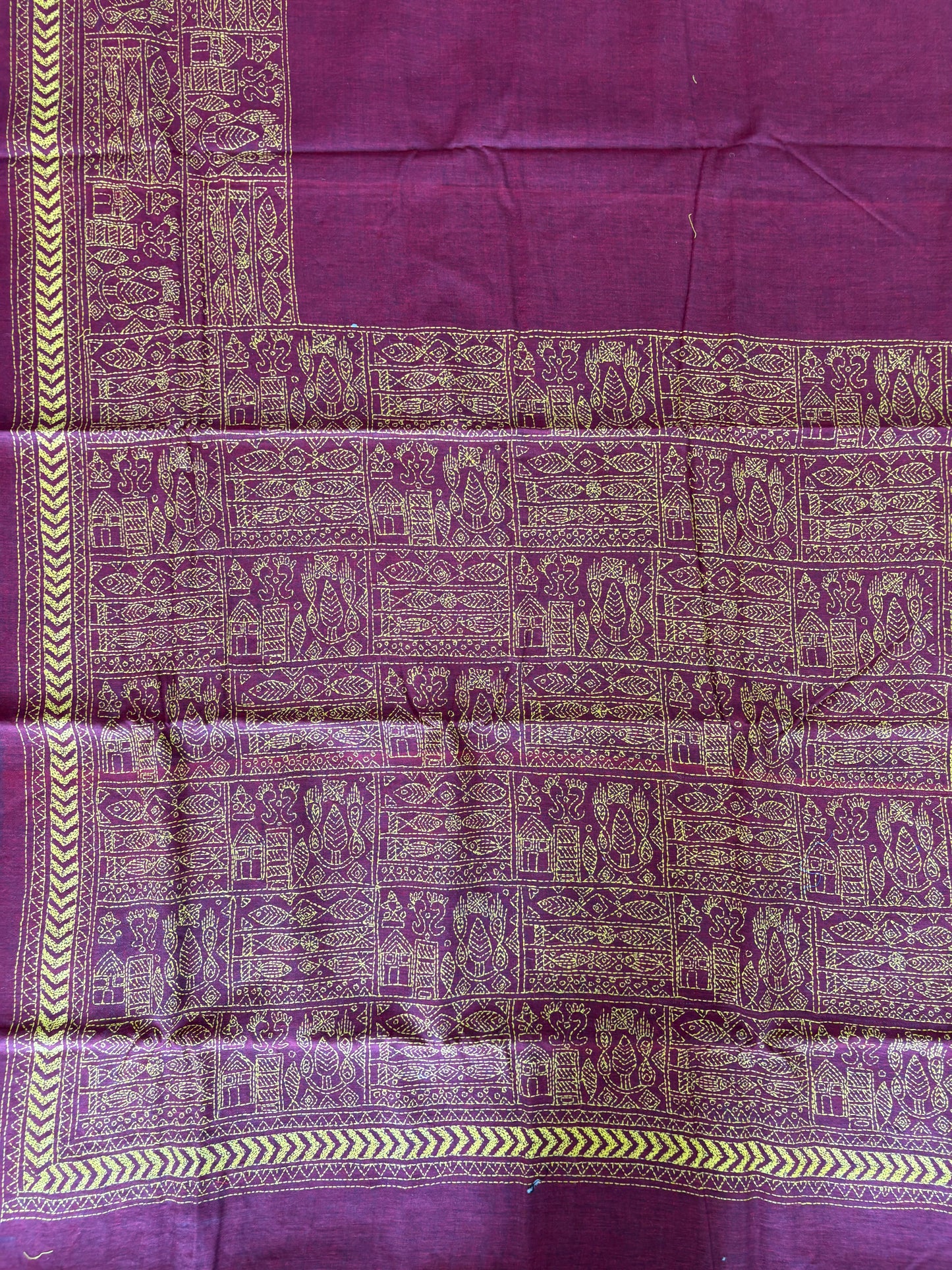 Kantha stitch Khadi Cotton Saree - Maroon
