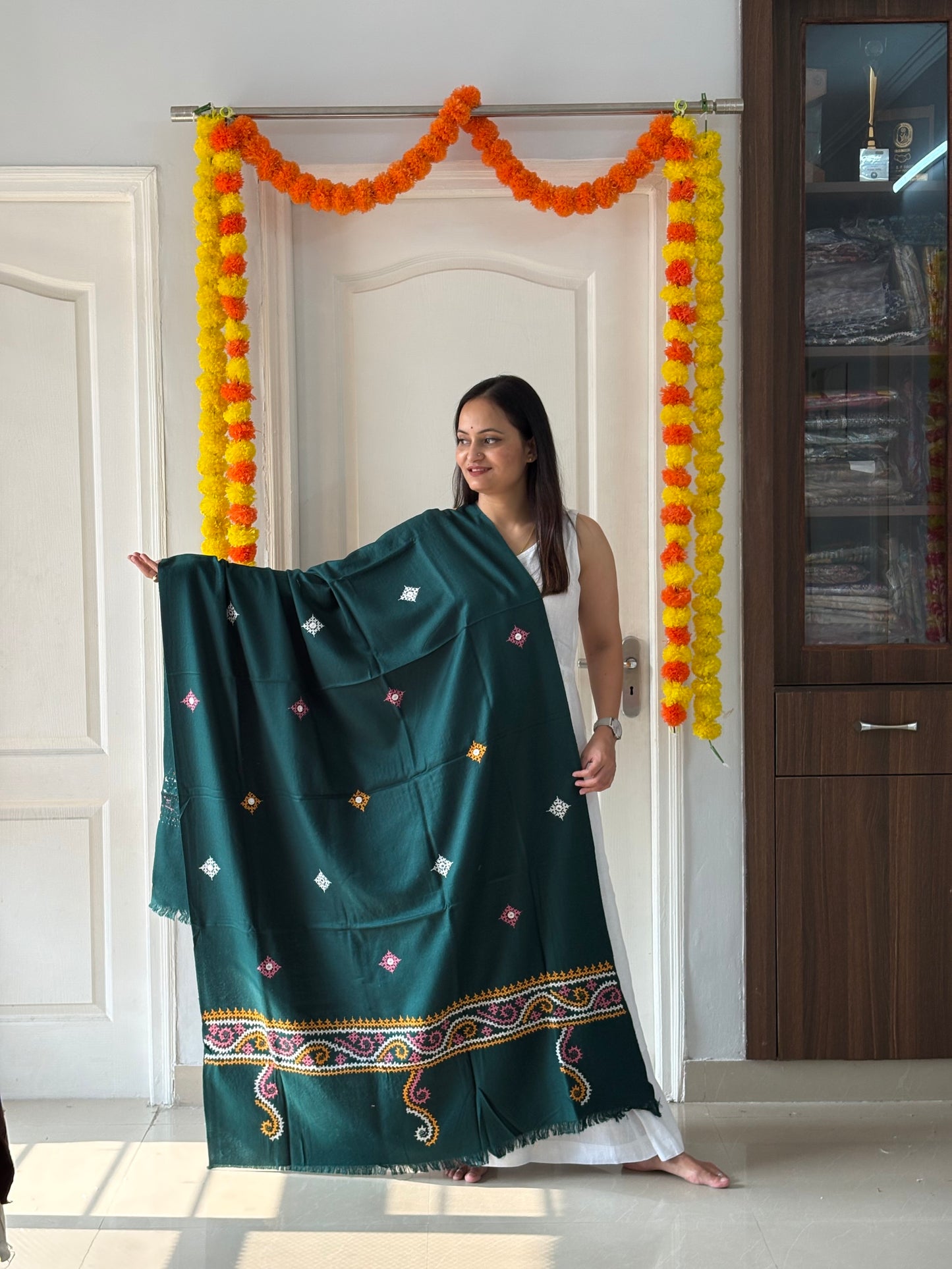 Gujrati Stitch Hand Embroidered Woollen Warm Shawl (Rama green)