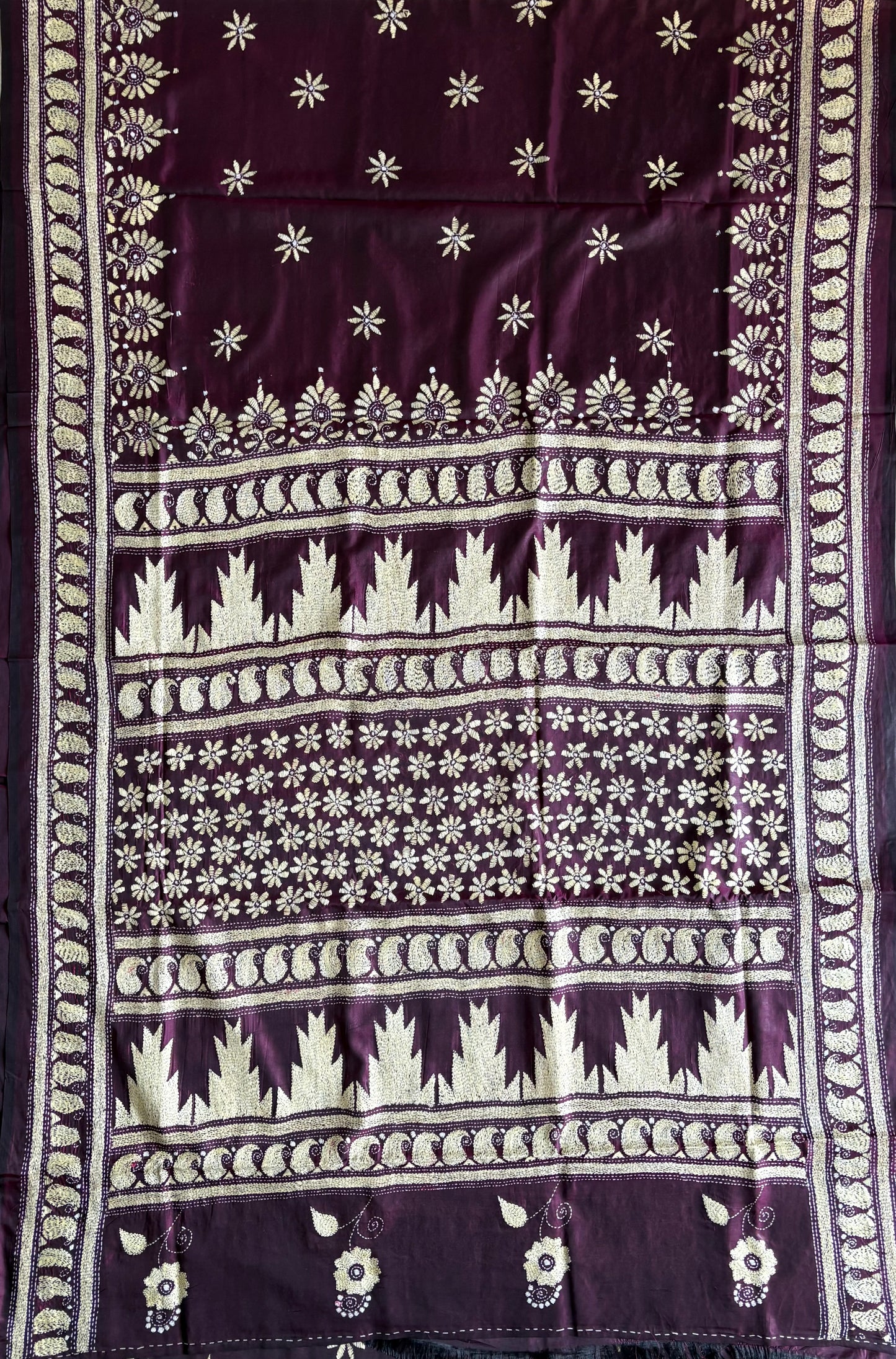 Kantha Stitch Hand Embroidered Saree| Blended Bangalore Silk / Art Silk | Purple