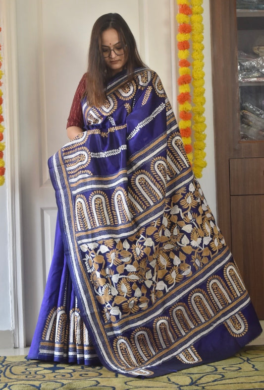 Kantha Stitch Hand Embroidered Pure Banglore Silk Saree