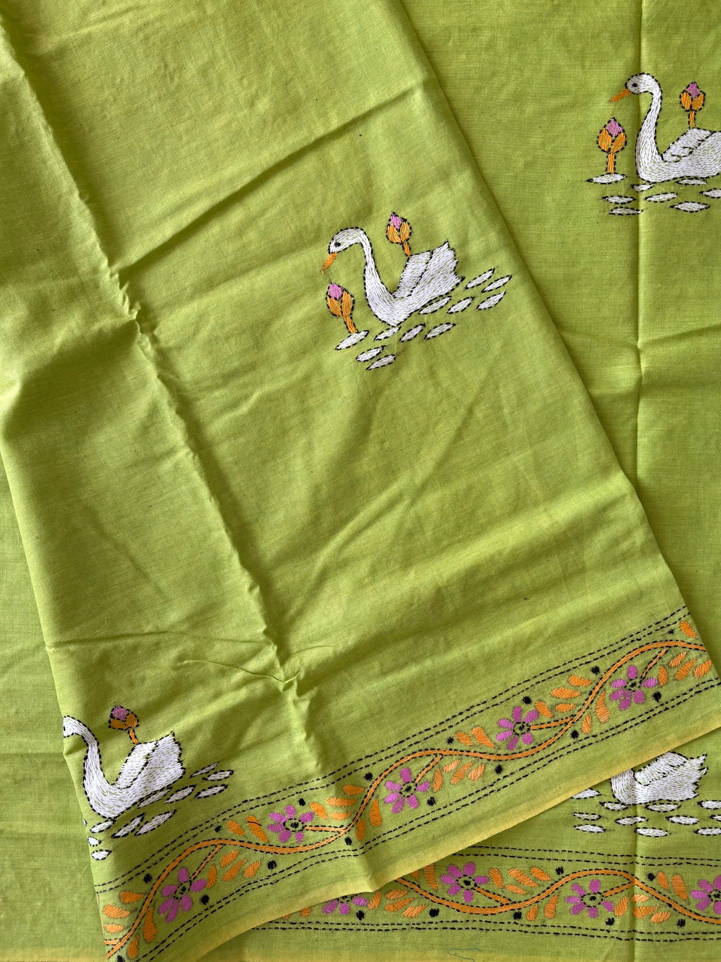 Kantha stitch Khadi Cotton Saree - Green
