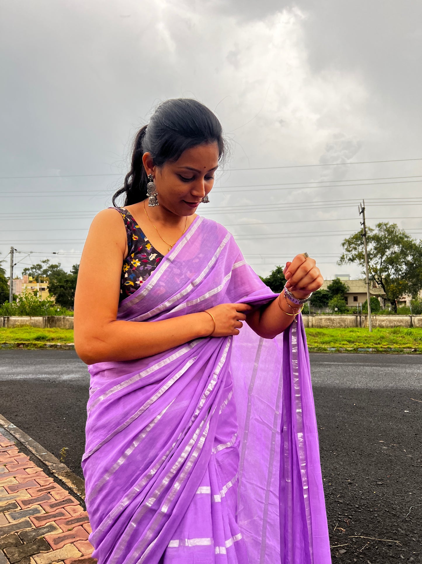 Pure Mul Cotton Saree - Lavender