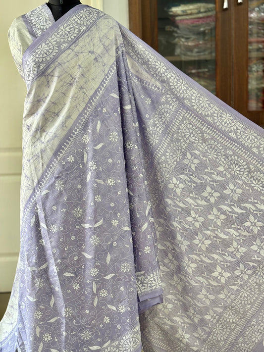 Kantha Stitch Hand Work Embroidered Art Silk Saree With Blouse