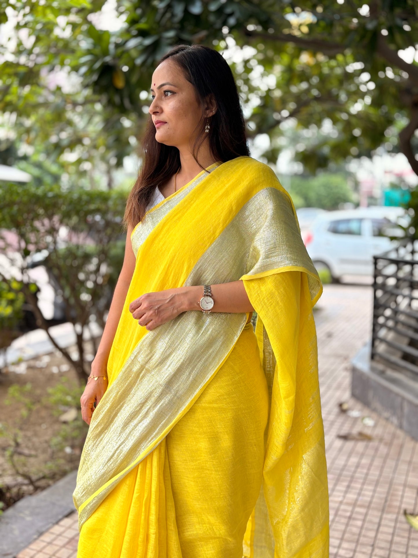 Yellow Silver pure Linen By Linen Saree With running Blouse