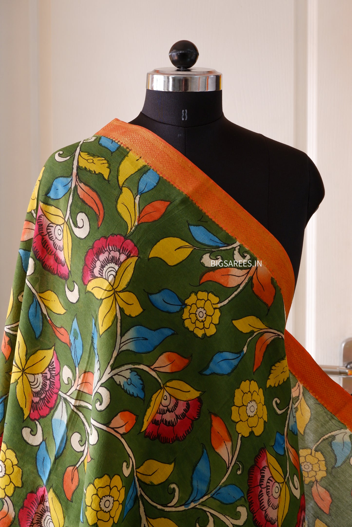 Pen Kalamkari Hand Painted Bangalore Silk Dupatta | Dark Green | 36"