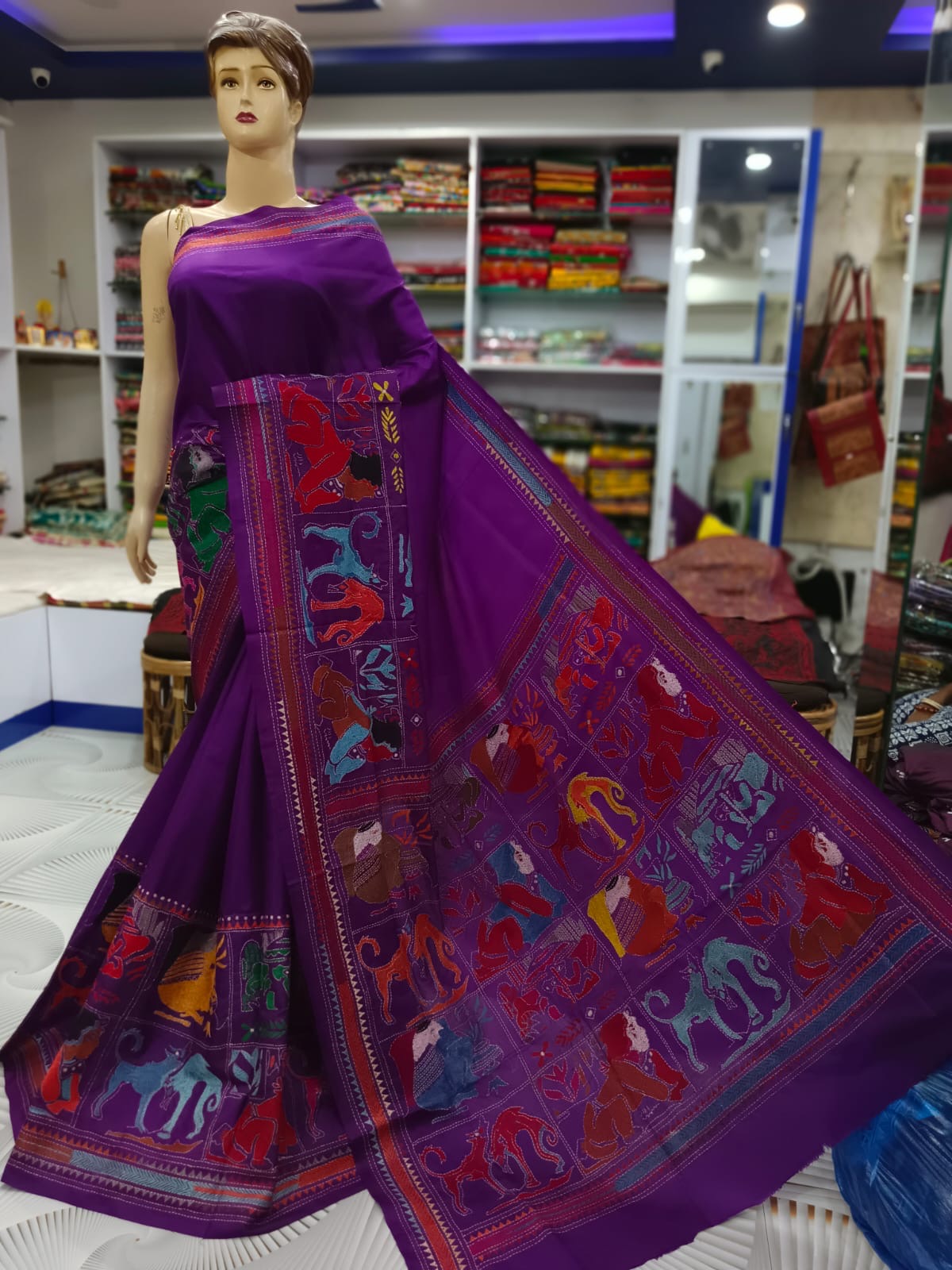 Purple Kantha Hand Embroidary Pure Banglore Silk Saree