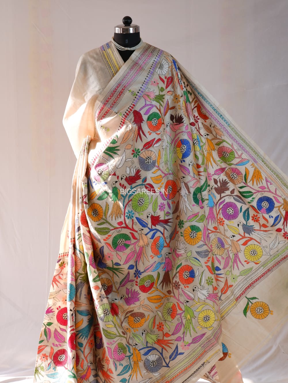 Kantha Stitch Hand Embroidered Saree | Pure Tussar Silk | Silk Mark Certified