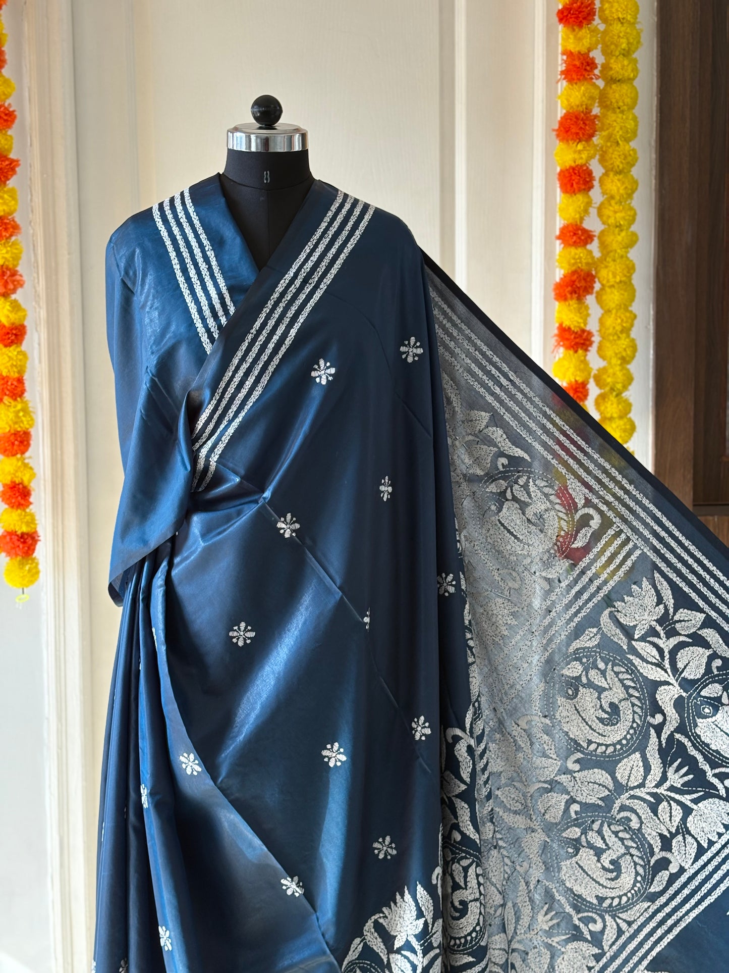 Kantha Hand Embroidered Blended Banglore Silk/Art Silk Saree With Blouse