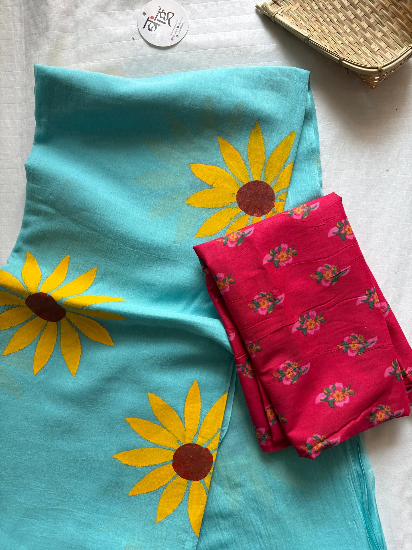 Hand Painted Mul Cotton Saree with Blouse | Sky Blue