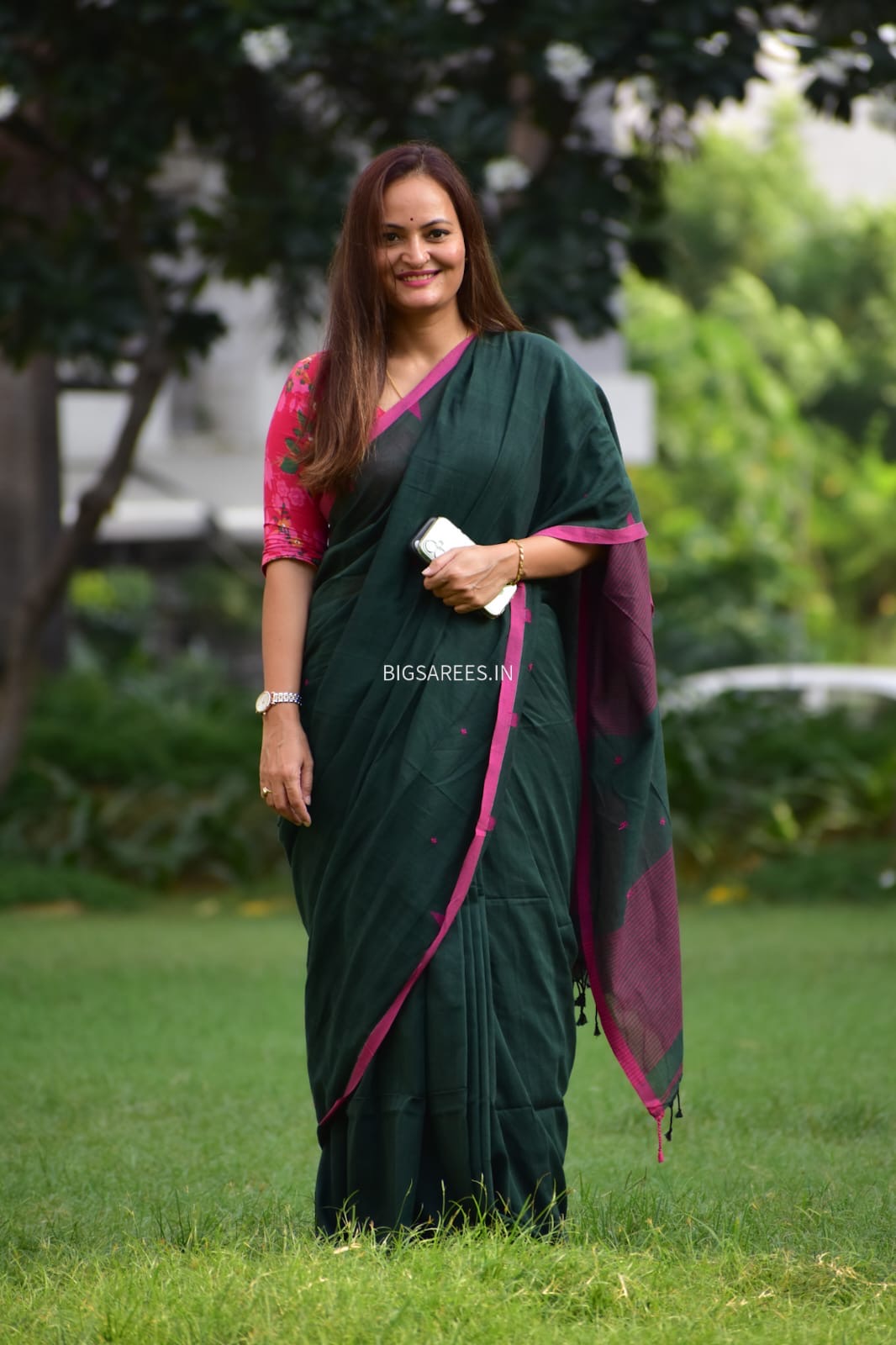 Hand woven Pure Cotton Saree (Handloom Marked) - Green