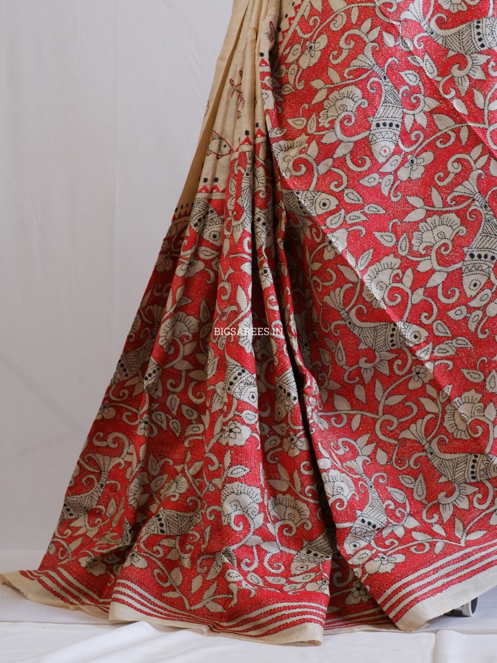 Kantha Stitch Hand Embroidered Saree | Pure Gachi Tussar Silk | Silk Mark Certified | Beige