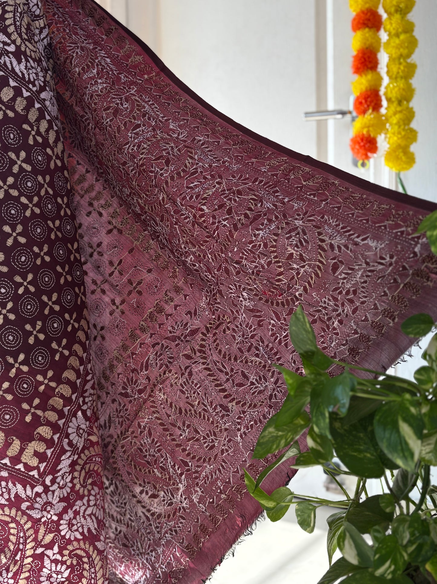 Kantha Hand Embroidary Full Work Pure Banglore Silk Dupatta. (With Silk Mark)