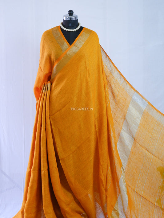 Pure Jayshree Linen Saree | Plain | Mustard