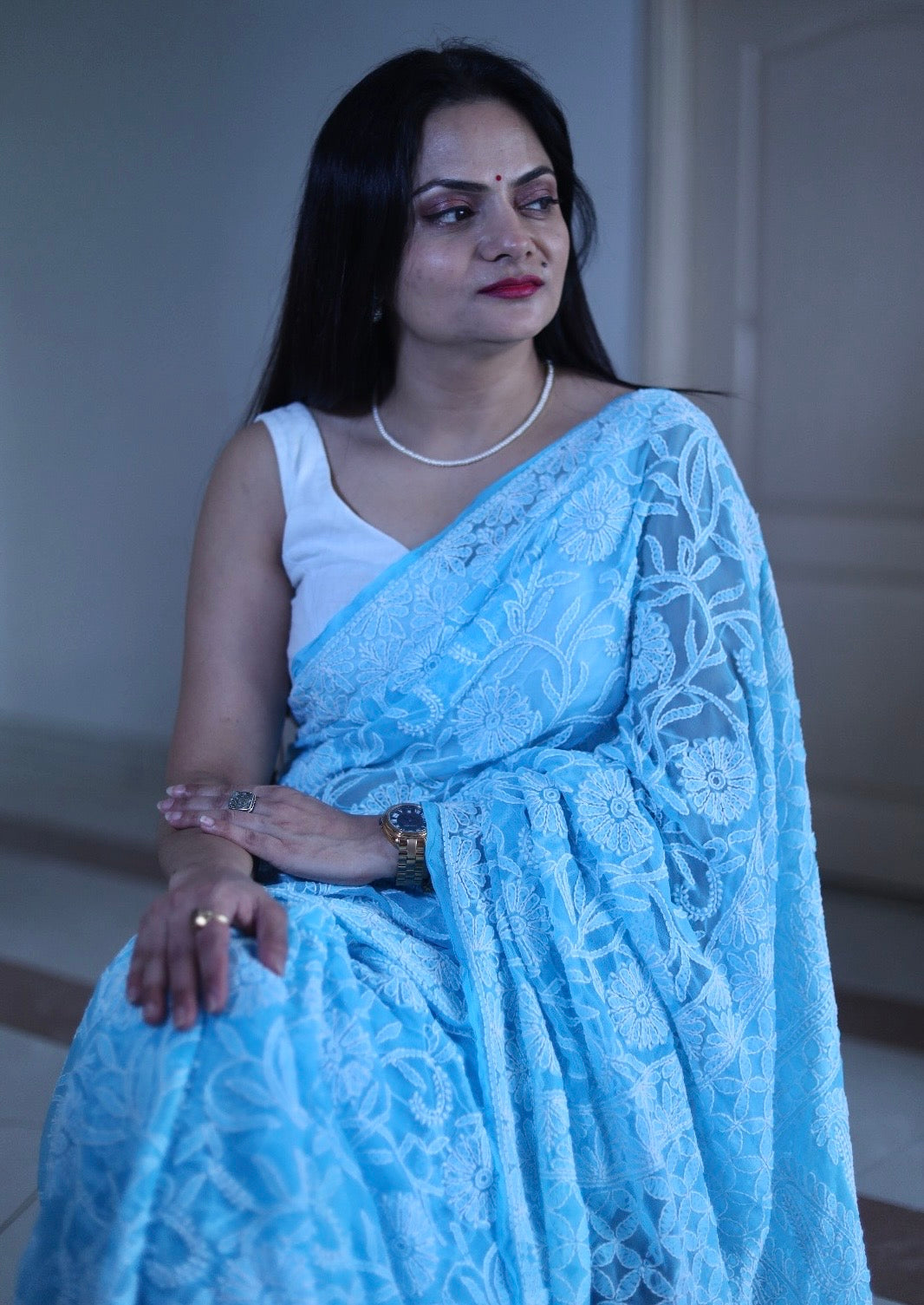 Sky Blue - White Georgette Chikankari Work Hand Embroidered Saree