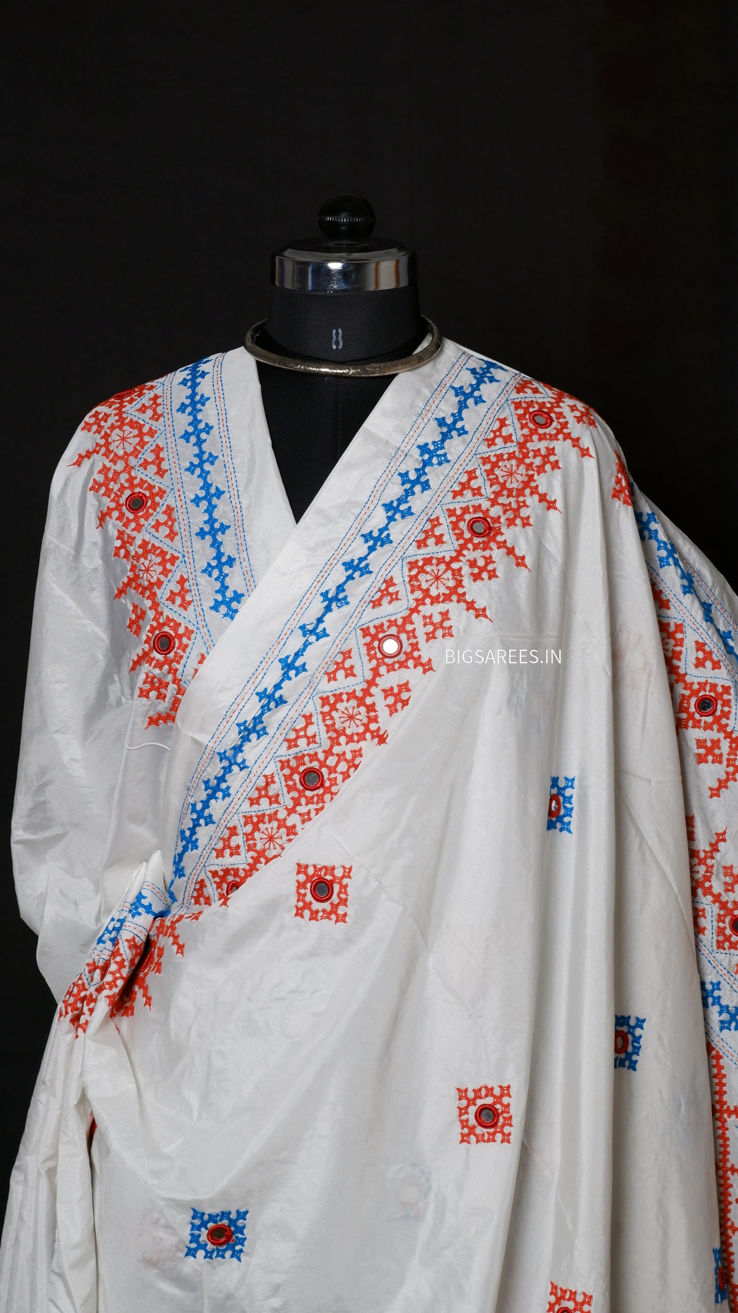 Heavy real mirror work Gujrati Stitch/Kutchi Bharat/Sindhi Hand Embroidered Art Silk Saree with blouse