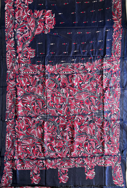 Navy Blue Kantha stitch Hand Work Art Silk Saree With Blouse