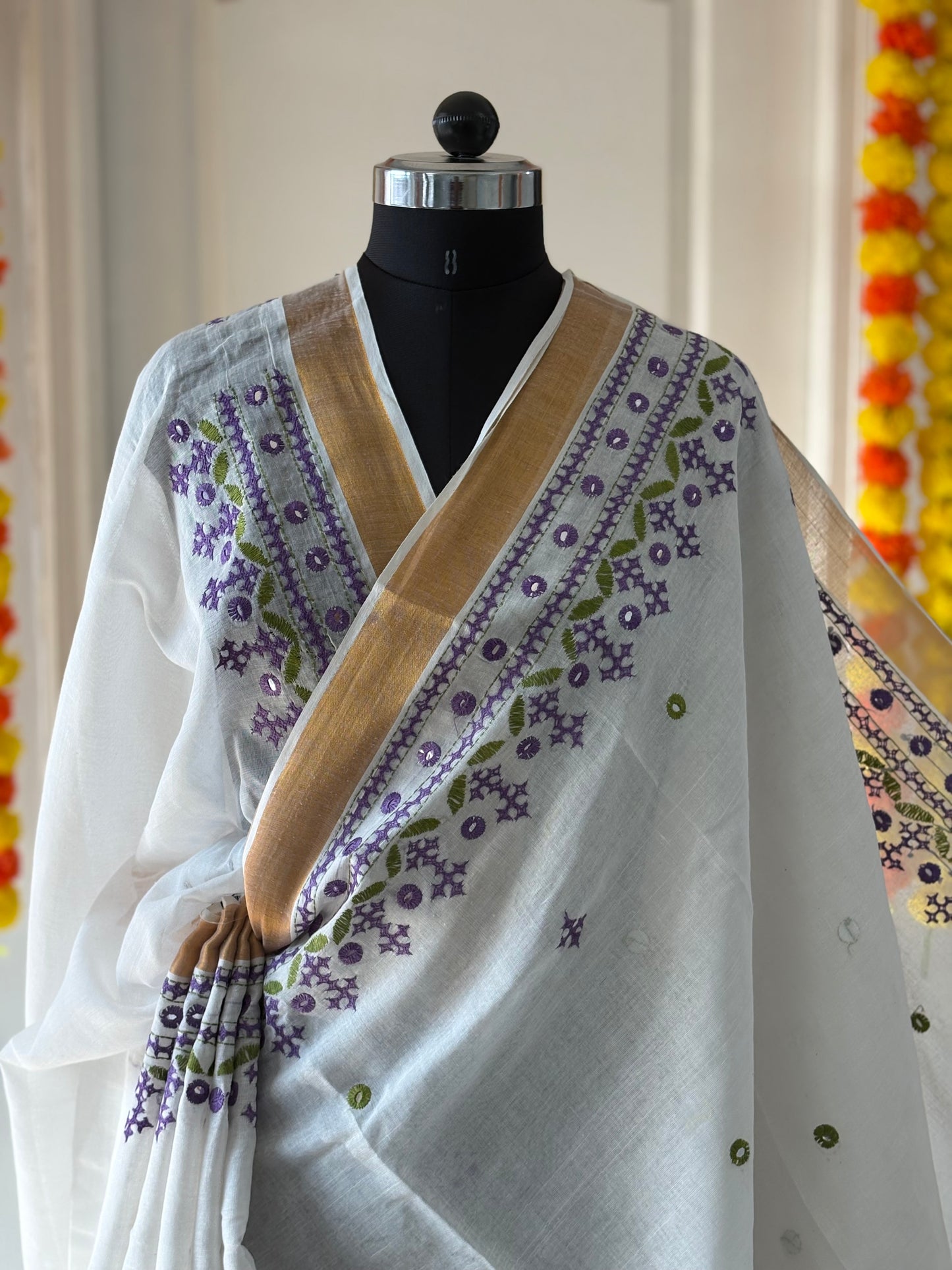 Gujrati Stitch/Kutch Hand Embroidered South Cotton Saree