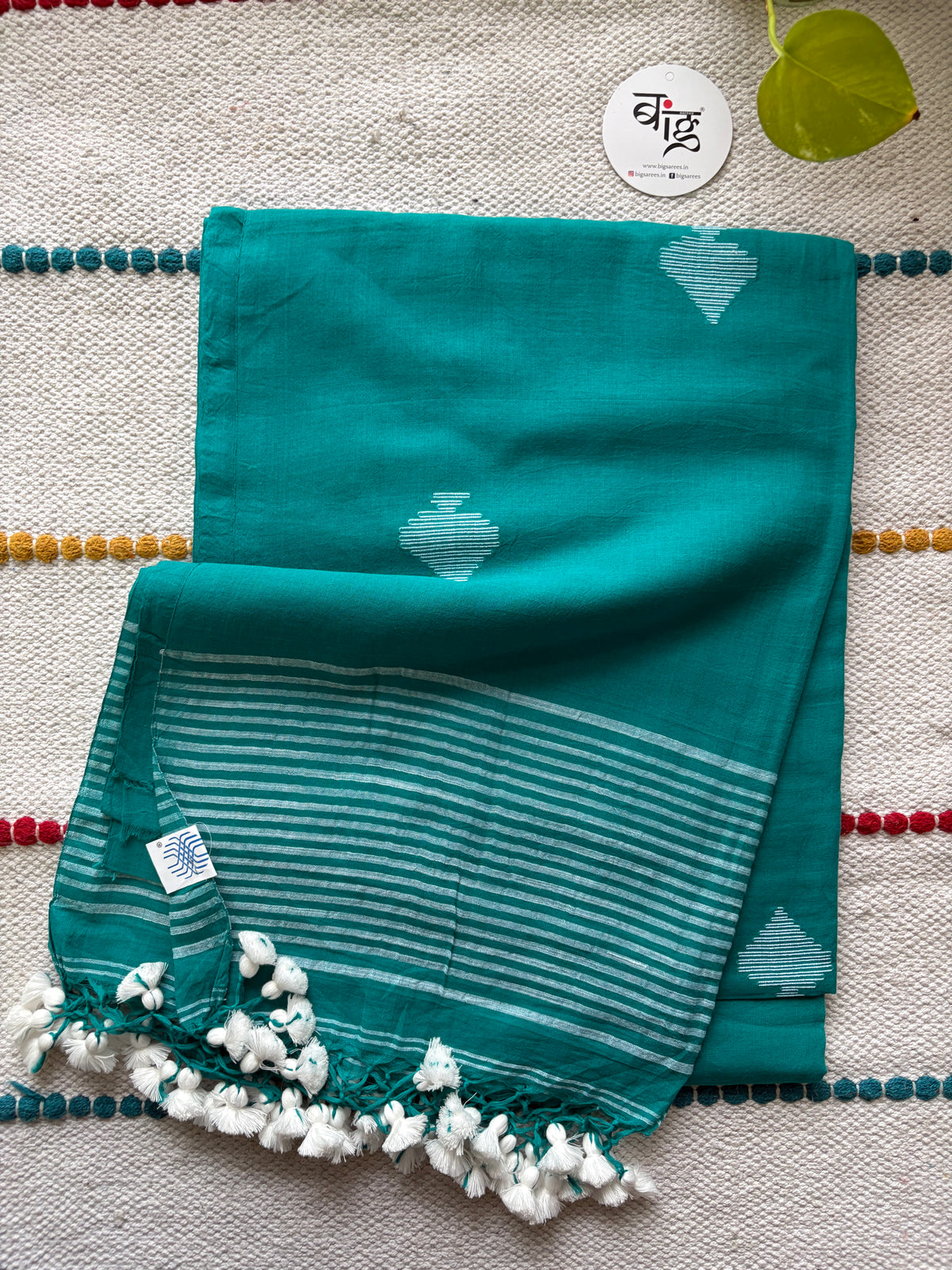 Hand woven Pure Mul Cotton Saree (Handloom Marked) - Turquoise