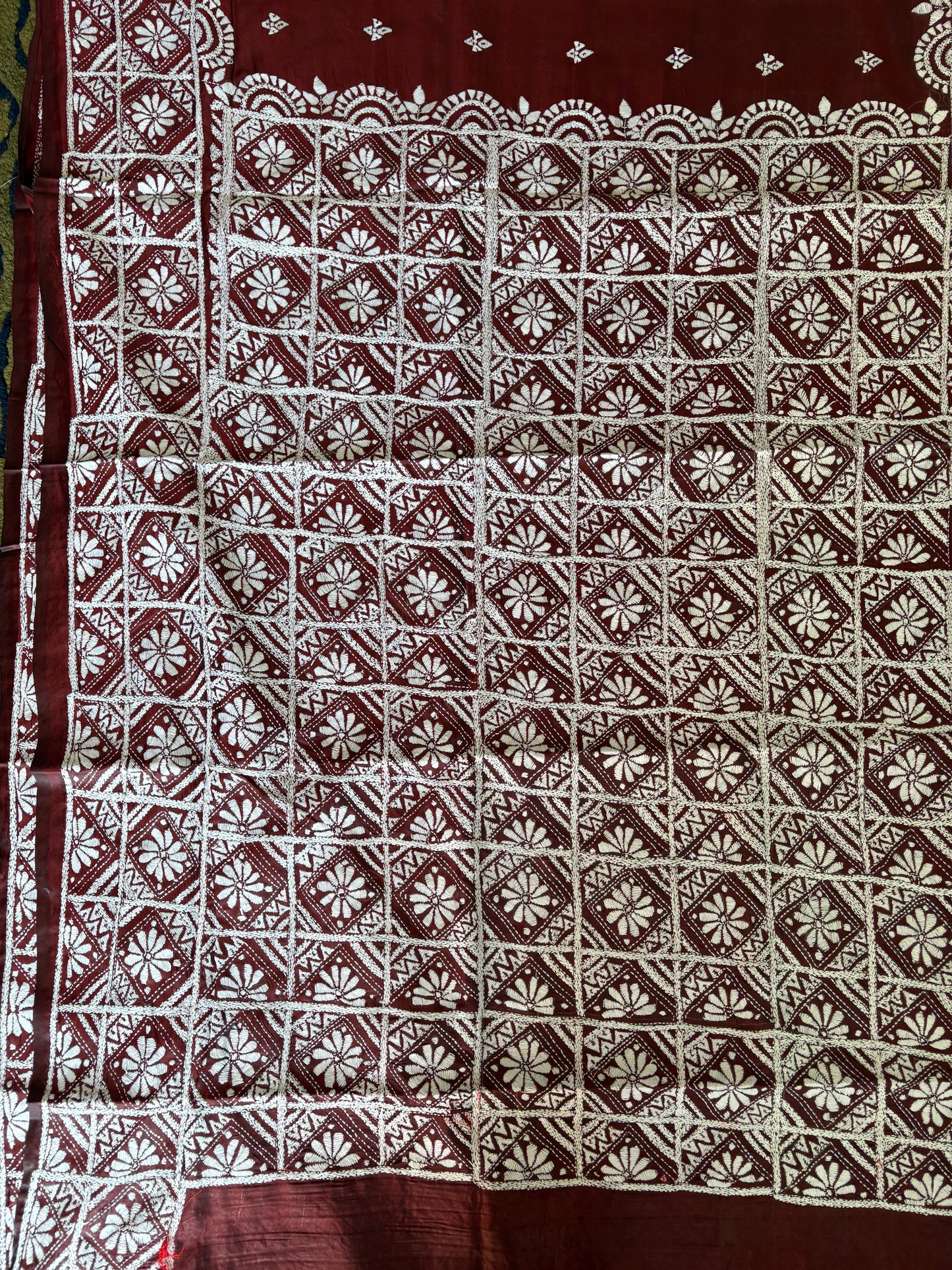 Hand embroidered Kantha stitch Saree in Art silk