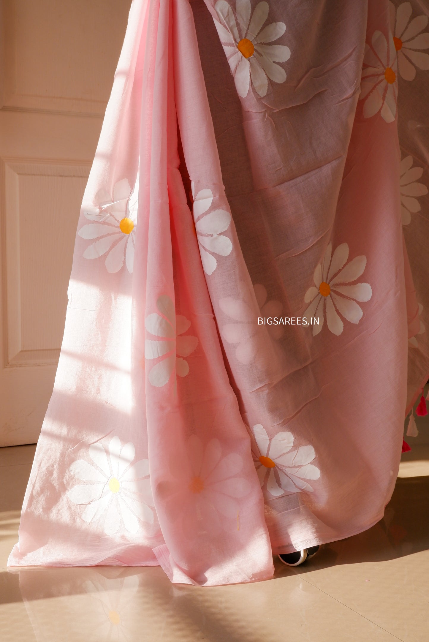 Hand Painted Mul Cotton Saree with Blouse | Pink