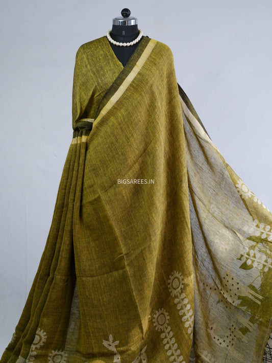 Pure Jayshree Linen Saree | Jamdani pattern | Mehandi Green