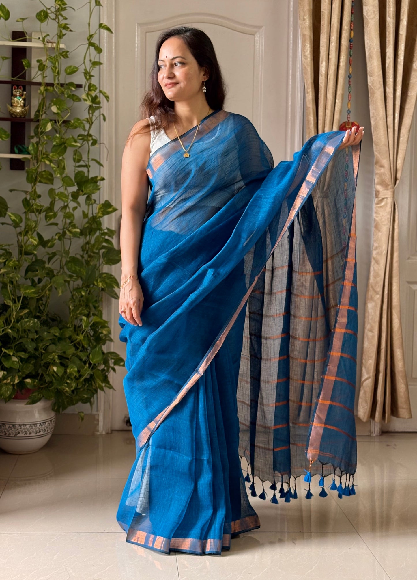 Blue Linen By Linen Saree With Blouse