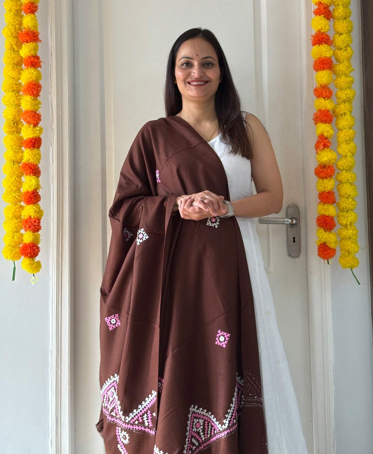 Gujrati Stitch Hand Embroidered Woollen Warm Shawl (brown)