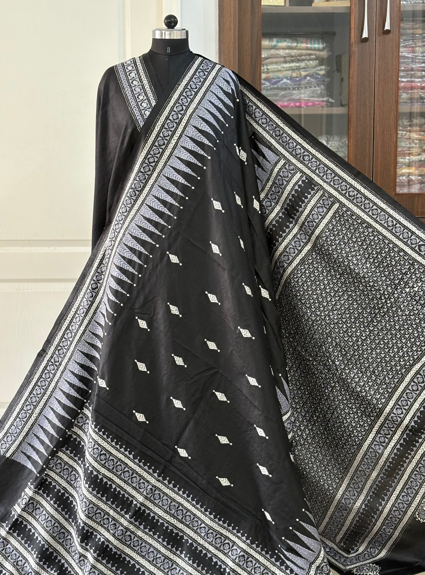 Black Kantha Stitch Hand Embroidered Pure Banglore Silk Saree (Silk Marked)