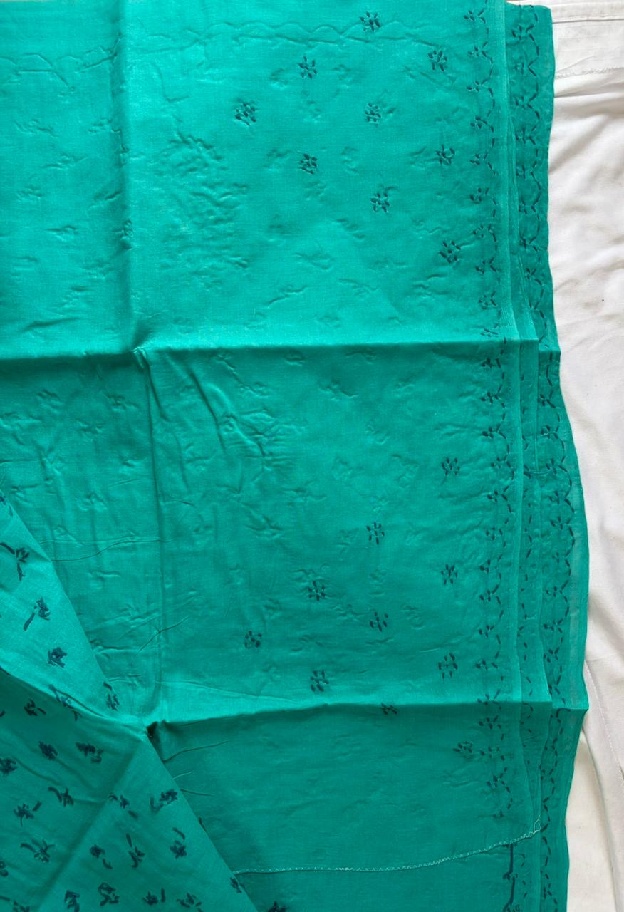 Chikankari Hand-Embroidered Saree | Cotton | Teal