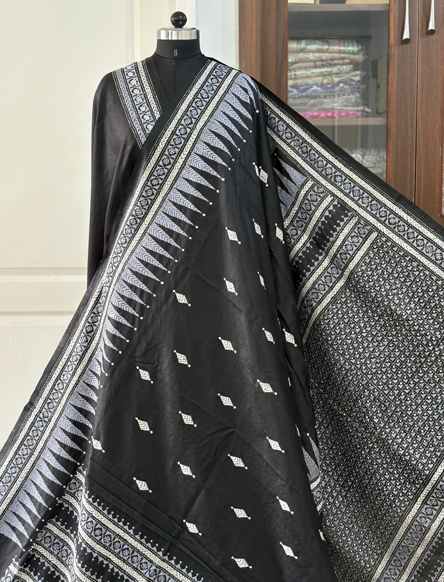 Black Kantha Stitch Hand Embroidered Pure Banglore Silk Saree (Silk Marked)