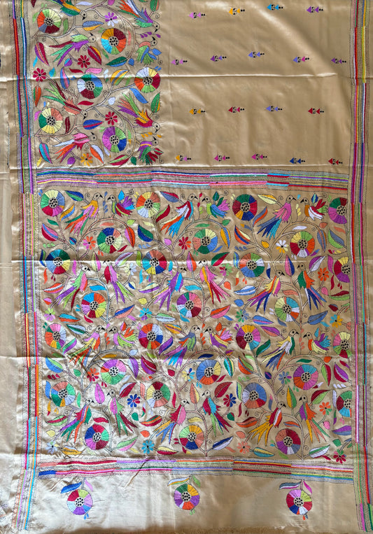 Kantha - Stitch Hand Embroidered Saree| Blended Bangalore Silk / Art Silk | Beige