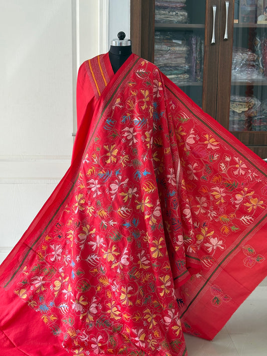 Kantha Stitch Hand Embroidered Pure Banglore Silk Saree (Silk Marked)