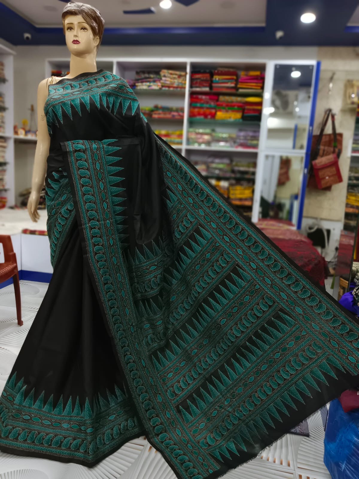 Black Kantha Hand Embroidary Pure Banglore Silk Saree