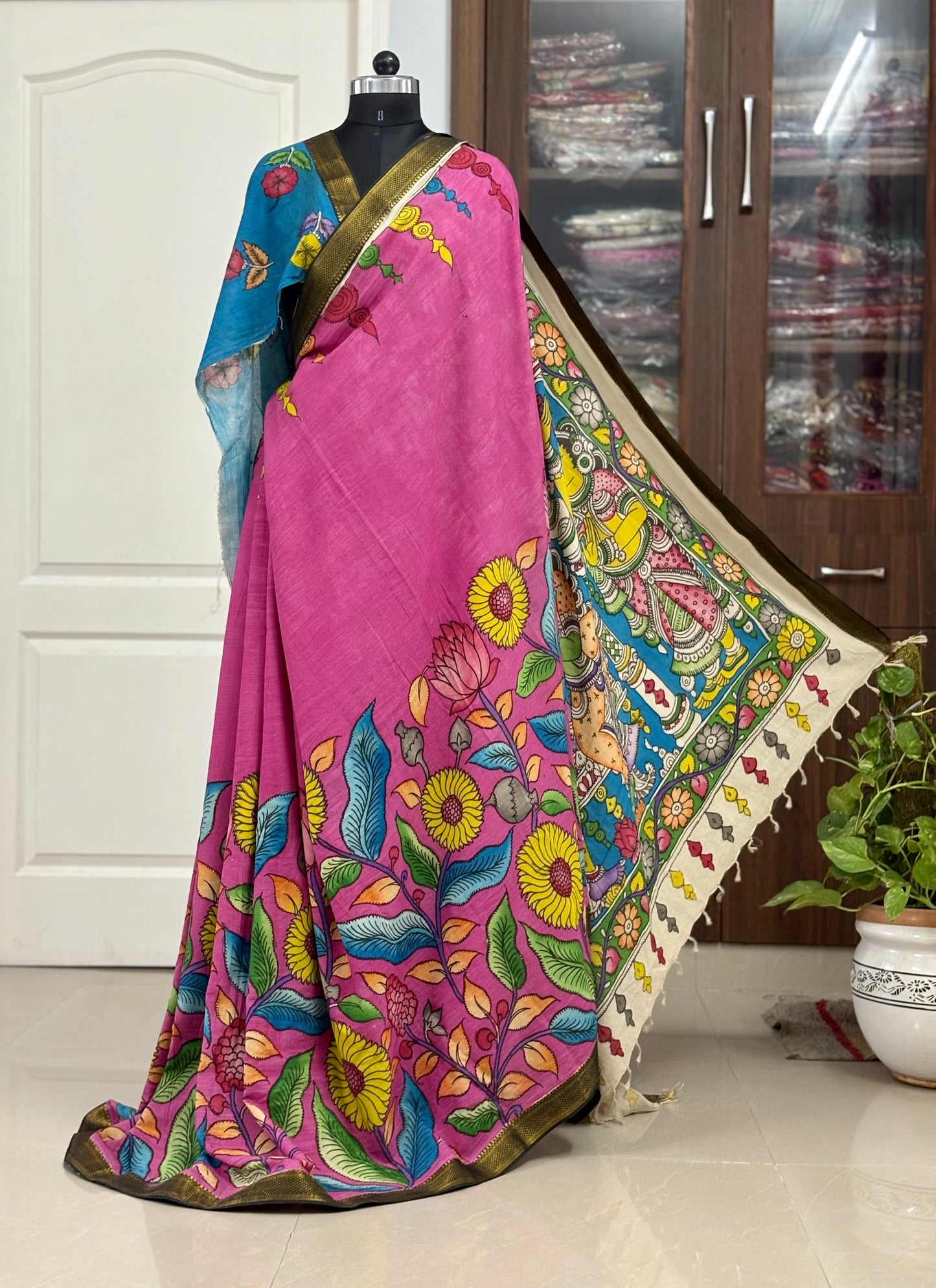 Pen Kalamkari hand painted pure cotton Saree with blouse
