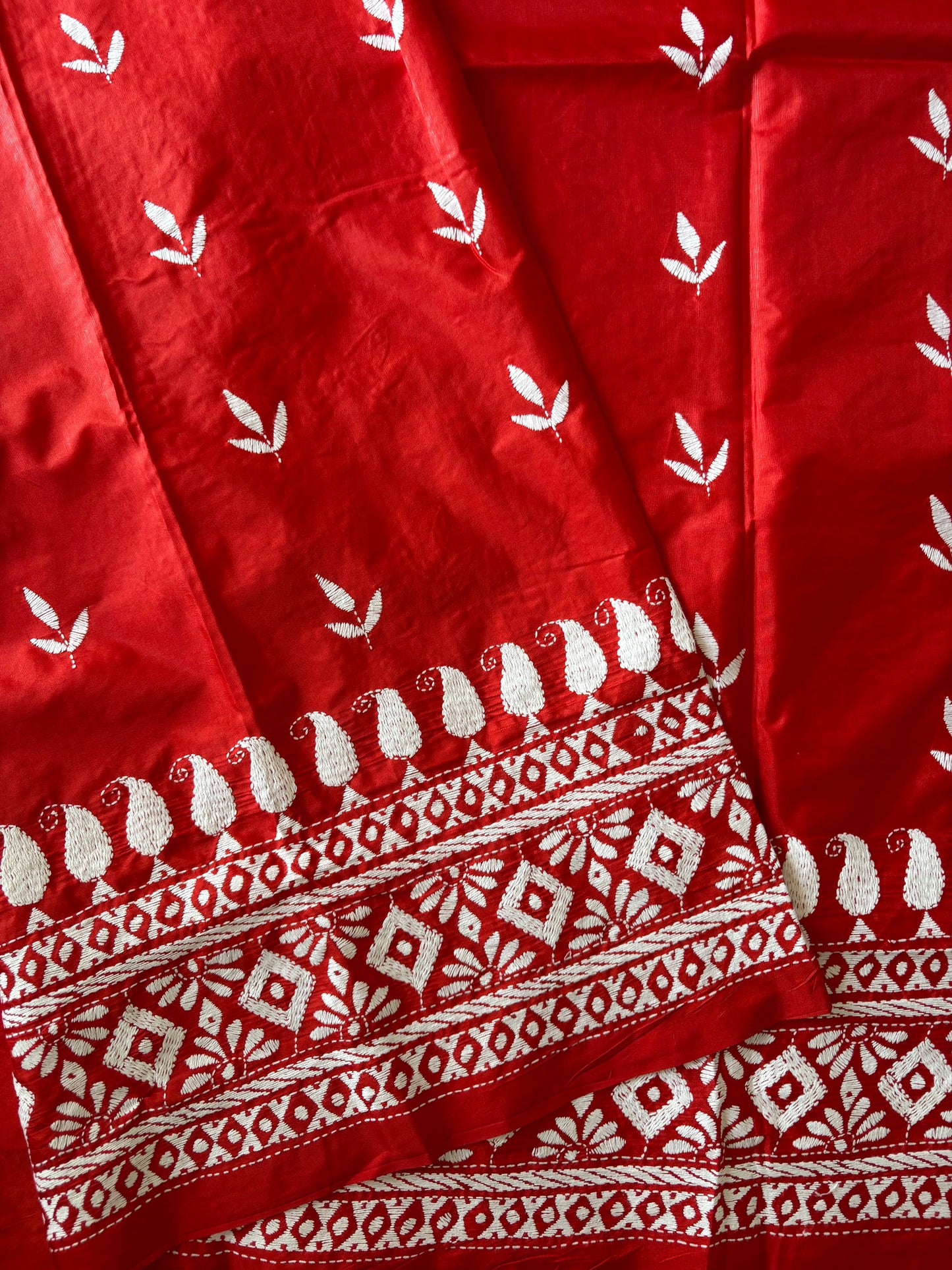 Kantha - Stitch Hand Embroidered Saree | Blended Bangalore Silk / Art Silk | Red