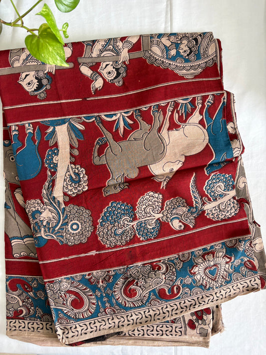 Kalamkari printed malmal cotton Saree with blouse