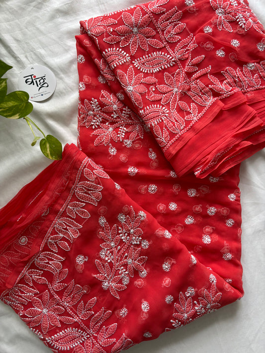 Chikankari Hand Embroidered Saree | Semi Georgette | Red