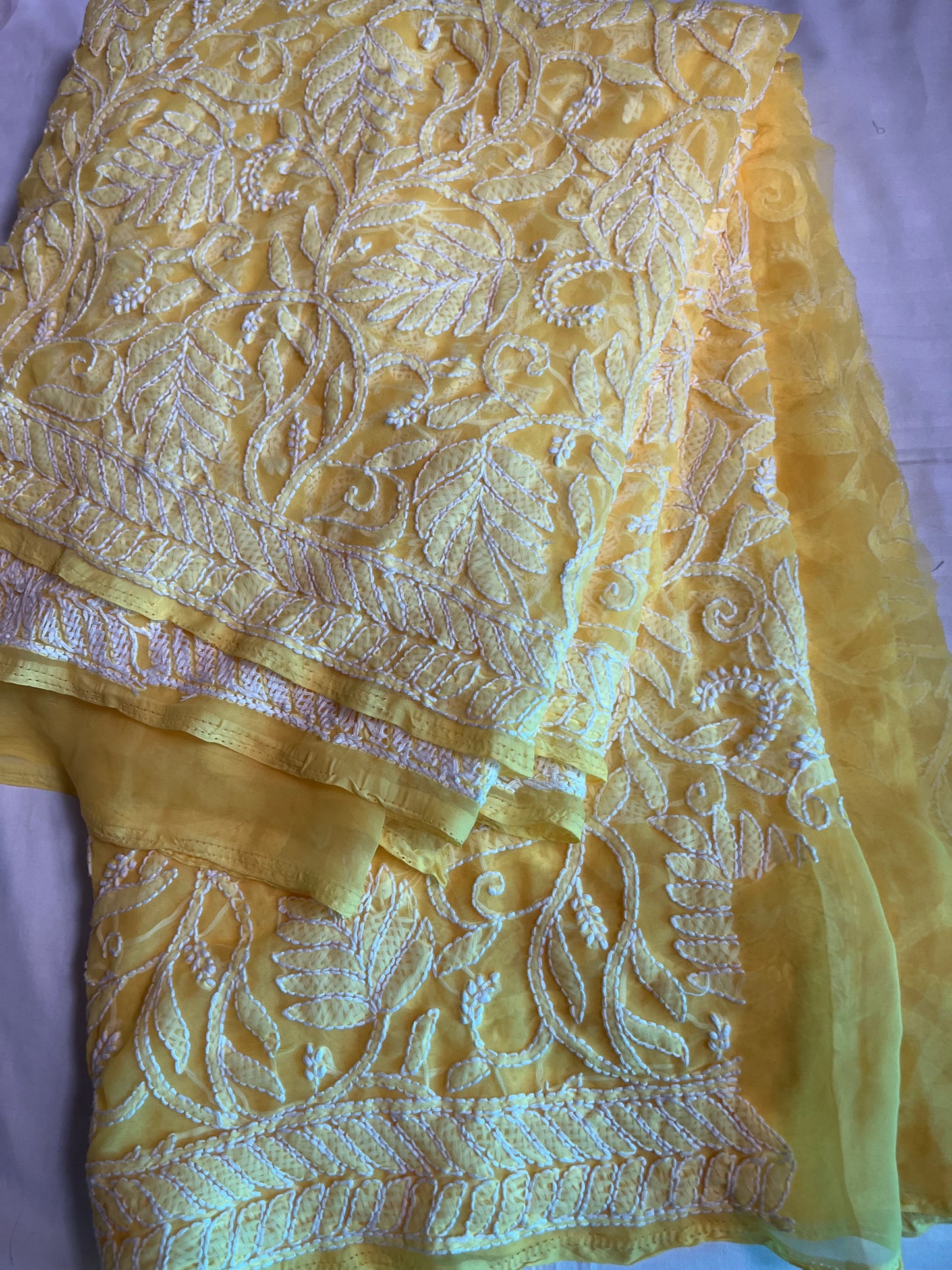 Yellow Georgette Chikankari Work Hand Embroidered Saree