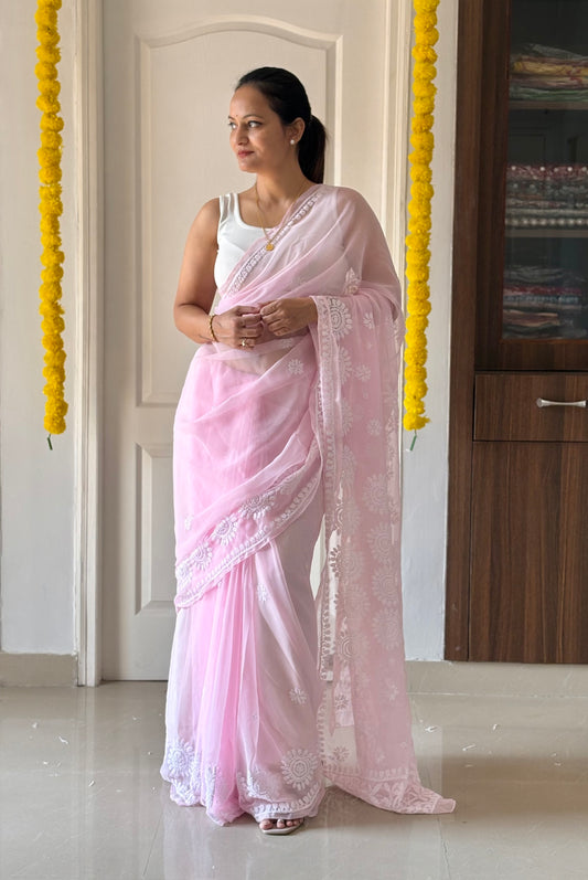 Light Pink Georgette Chikankari Work Hand Embroidered Saree