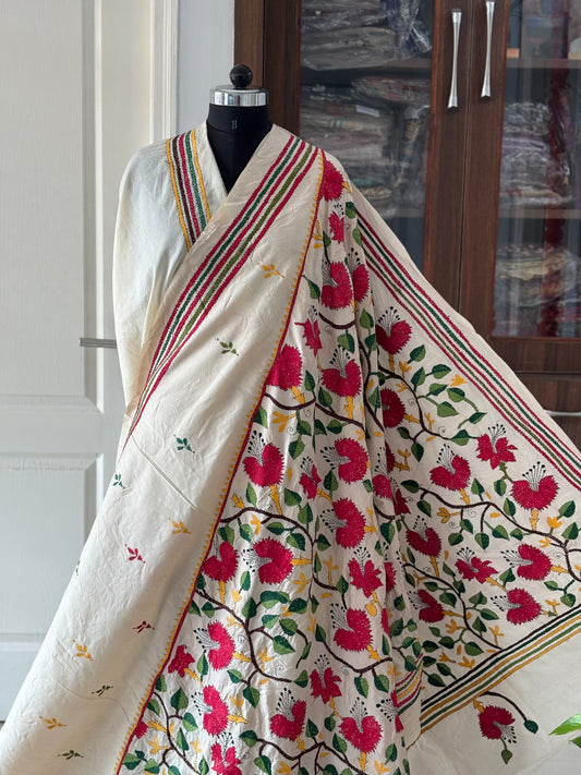 Off White Kantha Hand Embroidered Tussar Silk Saree